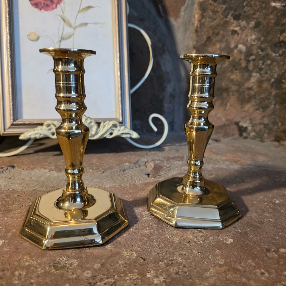 Vintage Solid Brass Candlestick Holders Pair Octagonal Base Gold Taper 7 Inch